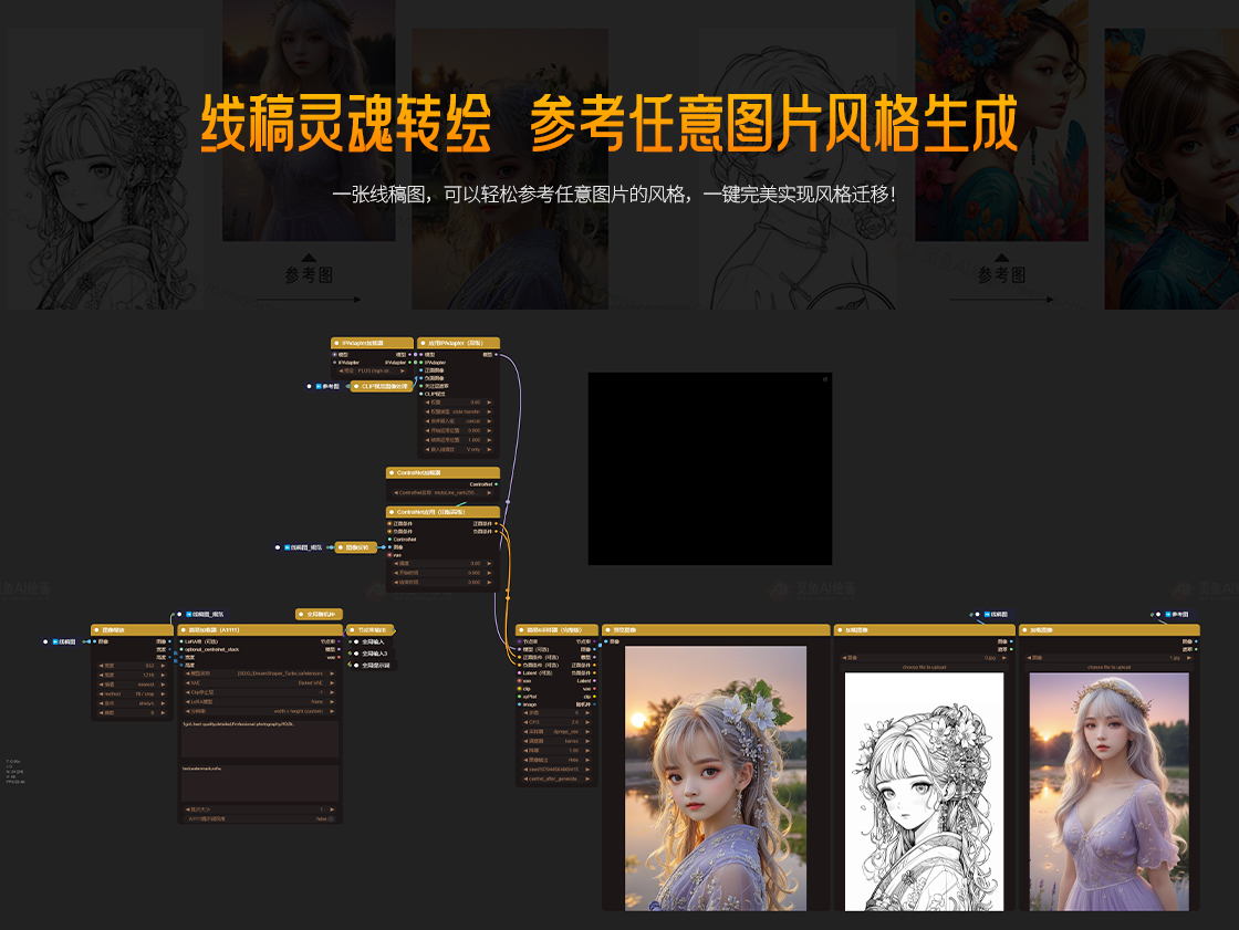 ComfyUI实现线稿上色自由，参考任意图片的风格迁移到线稿图